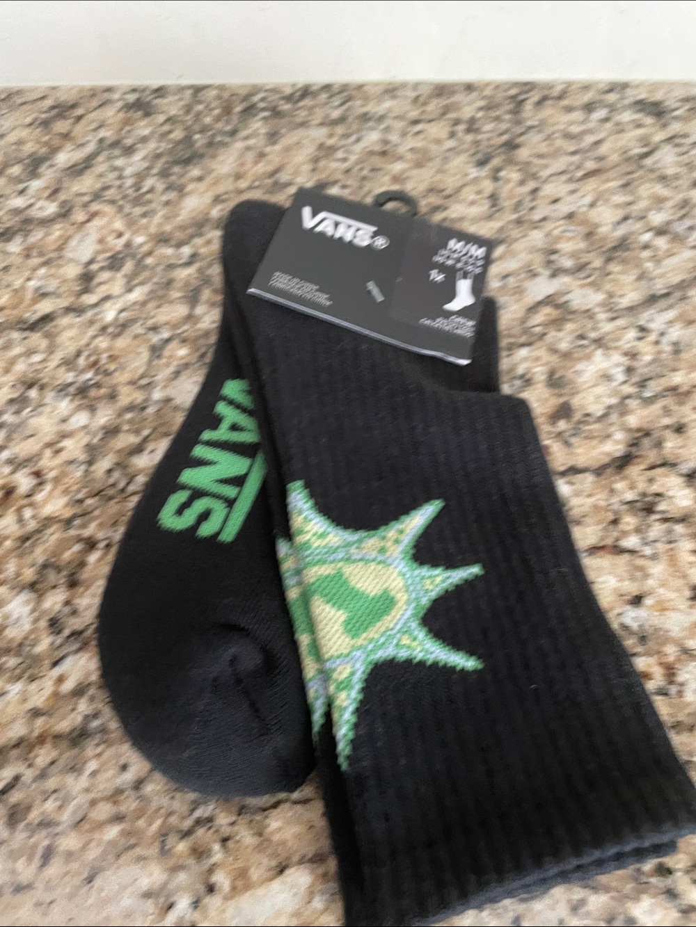Vans Black Crew Socks with Green Star & Logo